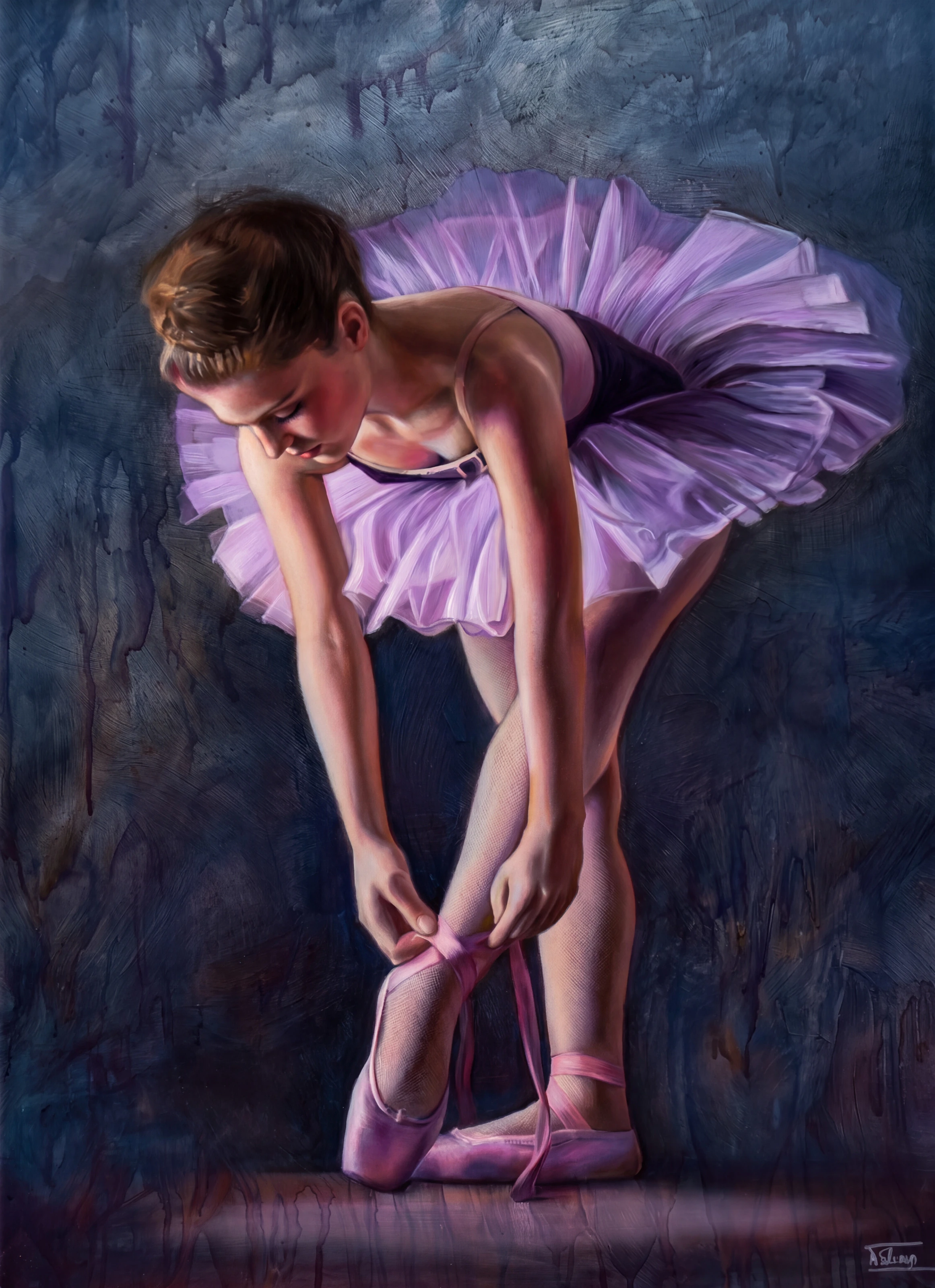 Balerine se ratachant le chausson. Pastels avec jeu de textures — Pastels · 50 x 150 · 2010