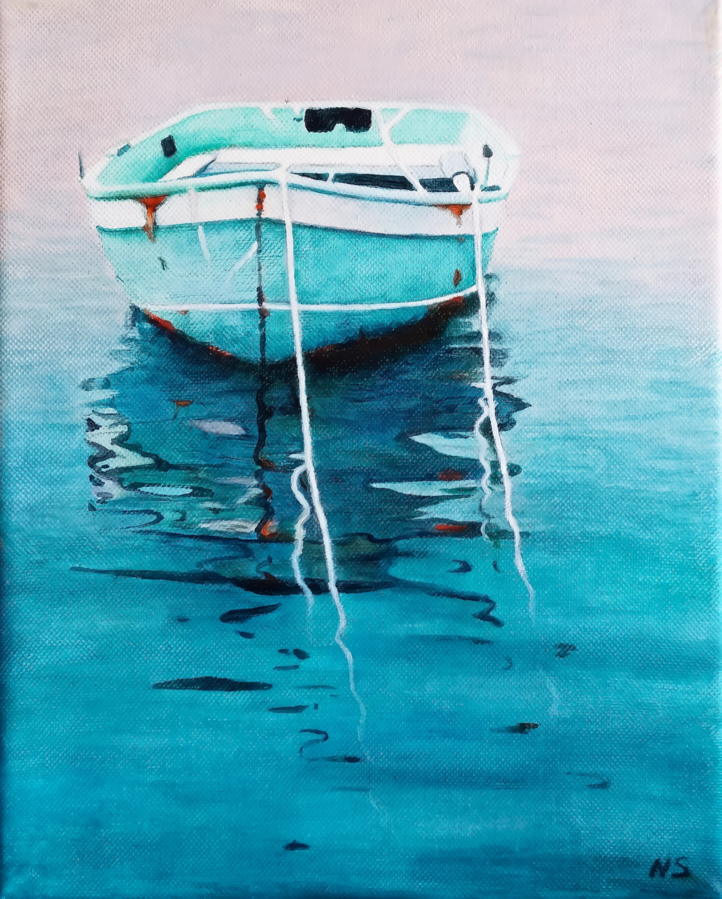 Bateau bleu reflet mer cassis — Huile sur toile · 50 x 70 · 2014