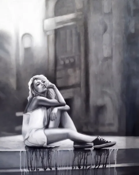 Femme au bord du gouffre baskets — Huile sur toile · 50 x 80 · 2019