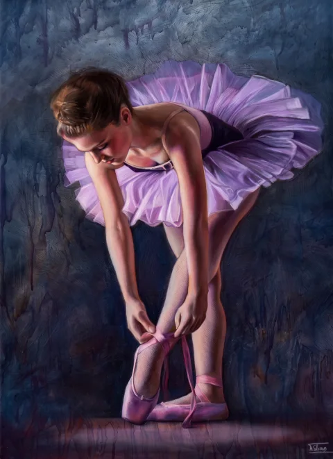 Balerine se ratachant le chausson. Pastels avec jeu de textures — Pastels · 50 x 150 · 2010
