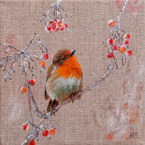 Rouge gorge sur branche — Huile sur toile · 40 x 40