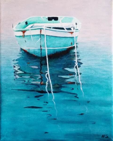 Bateau bleu reflet mer cassis — Huile sur toile · 50 x 70 · 2014