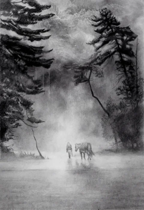 Homme et son cheval disparaissant dans la foret — Charcoal · 50 x 70 · 2016