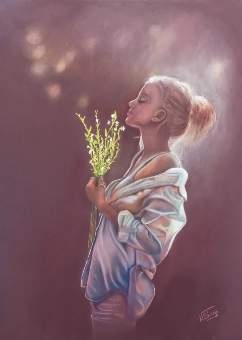 Jeune femme en contre-jour fleurs pensive — Pastels · 50 x 100 · 2020