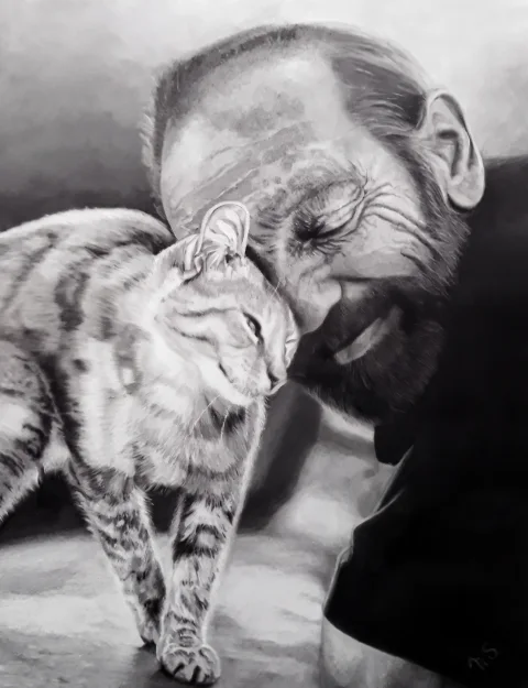 Homme et son chat amour — Fusain · 40 x 80 · 2020