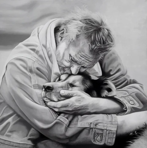 Homme et son chien amour — Fusain · 50 x 70 · 2020