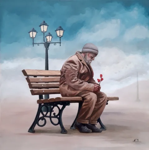 Pensive man sitting on bench with flower — Pastels · 50 x 50 · 2020