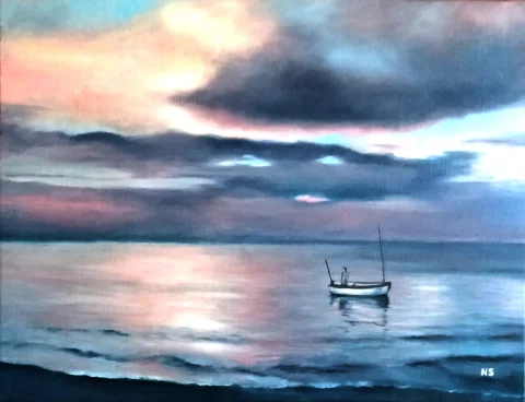Mer bateau horizon lever de soleil — Huile sur toile · 100 x 50 · 2012