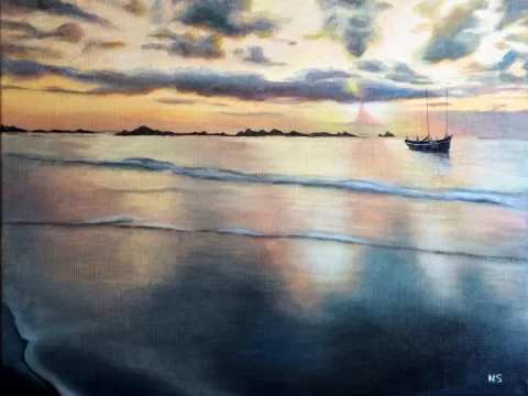 Mer bateau horizon lever de soleil — Huile sur toile · 100 x 50 · 2014