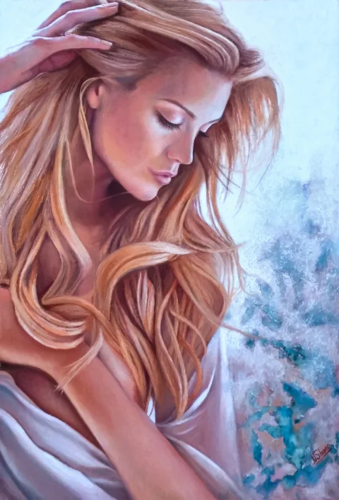 Femme cheveux longs pensive — Pastels · 40 x 80 · 2016