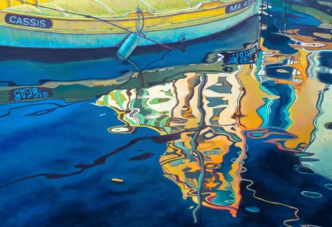 Bateau bleu reflet mer cassis — Pastels · 50 x 70 · 2011