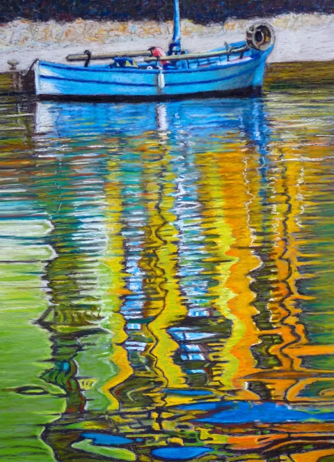 Bateau bleu reflet pointu mer cassis — Pastels · 40 x 80 · 2011