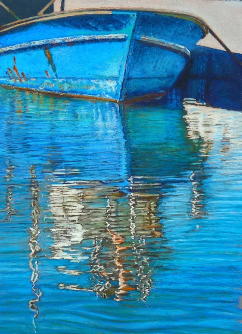 Bateau bleu reflet mer cassis — Pastels · 40 x 80 · 2011