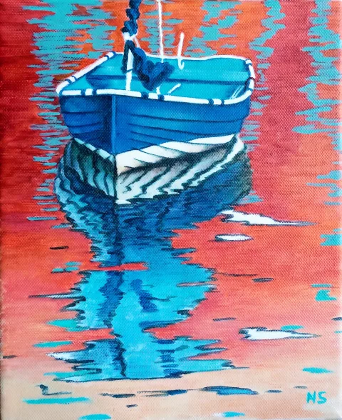 Bateau bleu reflet rouge mer cassis — Huile sur toile · 40 x 80 · 2014