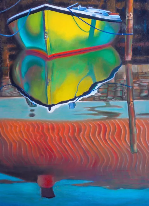 Bateau bleu reflet mer cassis — Pastels · 40 x 80 · 2011