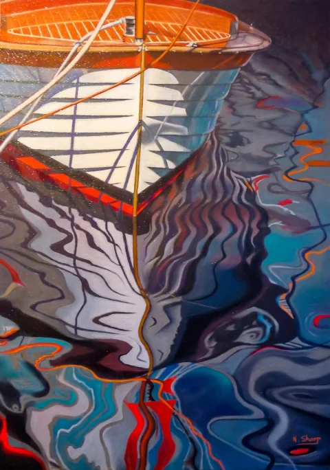 Bateau bleu reflet mer cassis — Pastels · 40 x 80 · 2011